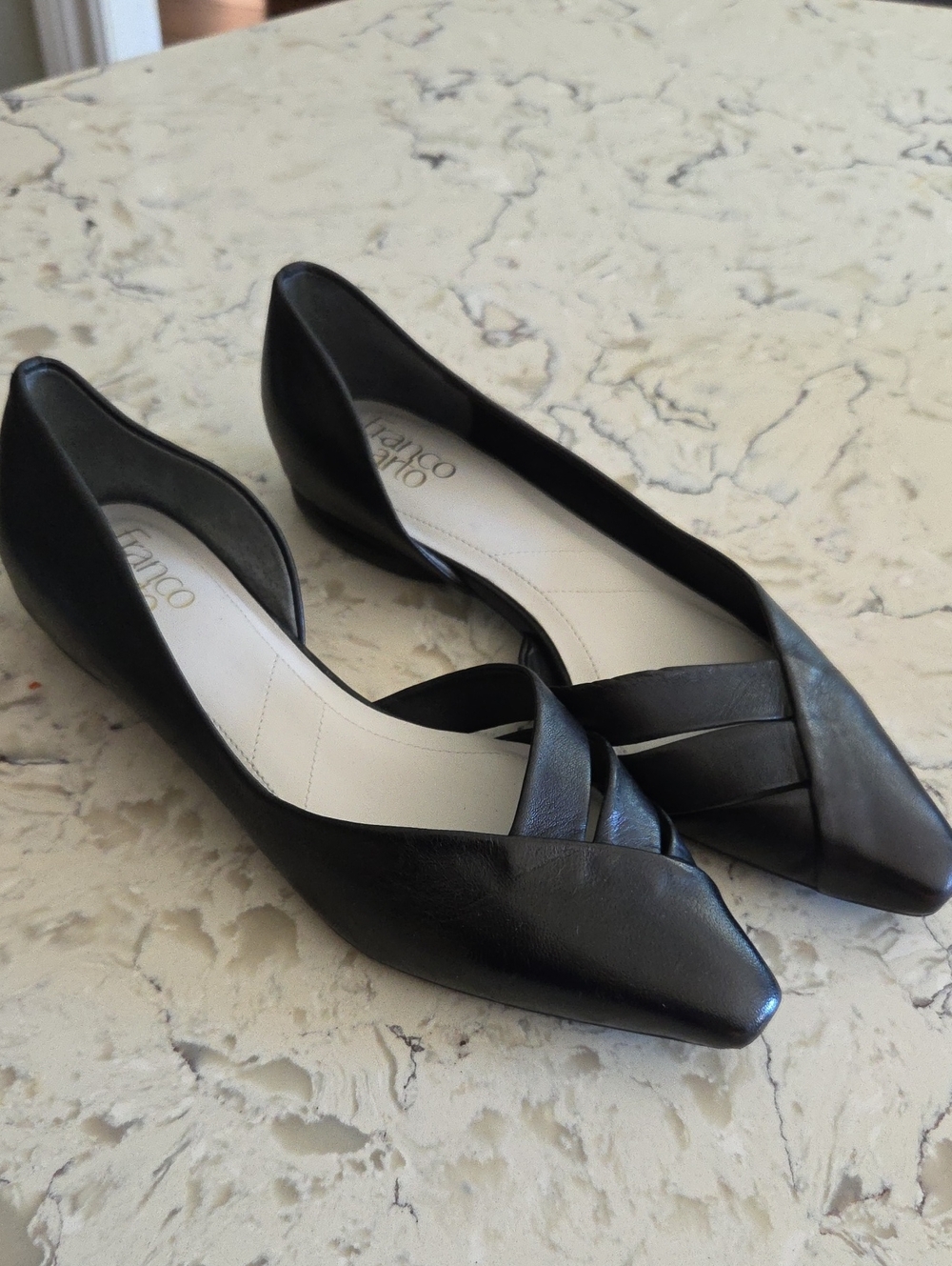 Franco Sarto Black Leather Pointed-Toe D'Orsay Flats Sz 8.5
